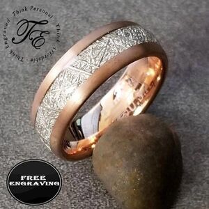Engraved Men's Real Rose Gold Tungsten Wedding Ring Meteor Inlay 14k Rose Gold